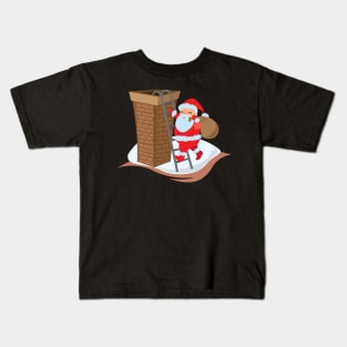 Santa climbing ladder up to chimney Kids T-Shirt